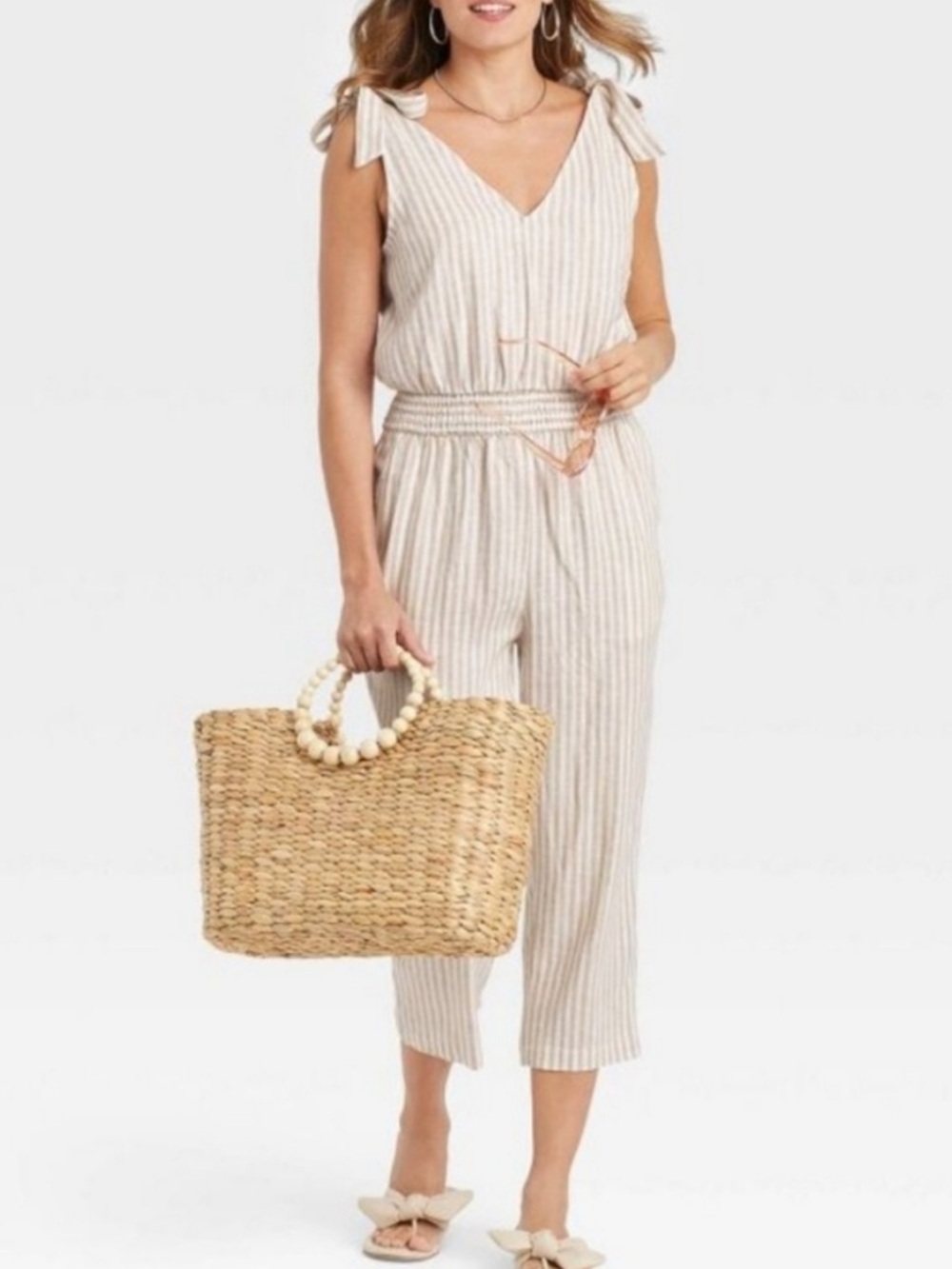 Target A New Day Sleeveless White&Tan Striped Linen Blend Resort Wear Jumpsuit-L